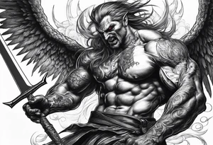 Demon being stabbed in the back by angel tattoo idea