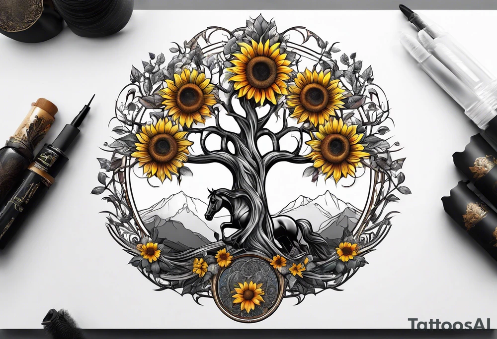 Yggdrasil tree, horse, sunflower tattoo idea