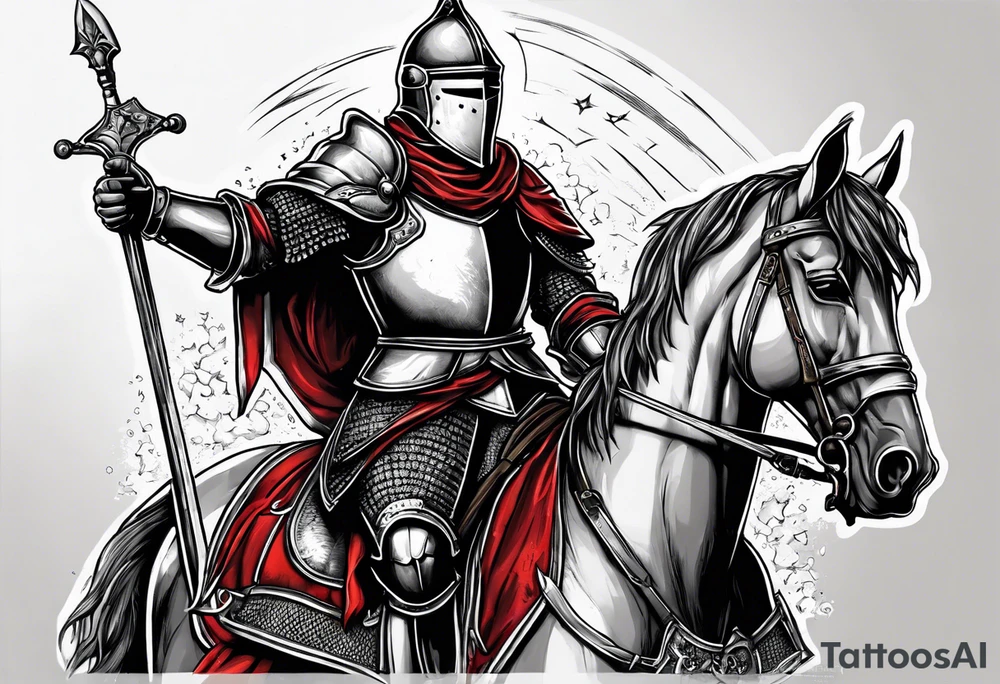 knight holding a bible over his head in combat tattoo idea