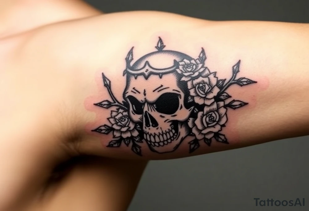 ornate skull adorned with crown of wild roses and thorns tattoo idea
