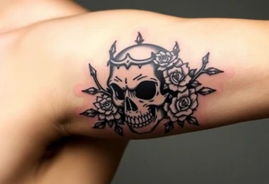 ornate skull adorned with crown of wild roses and thorns tattoo idea