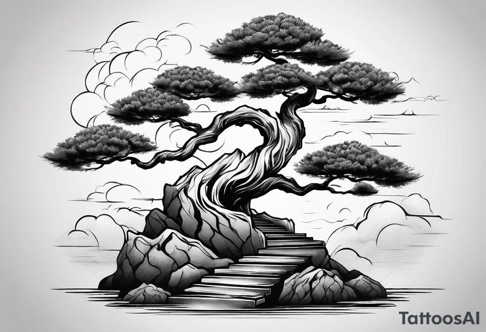 Seven stairs leading to bonsai tree tattoo idea