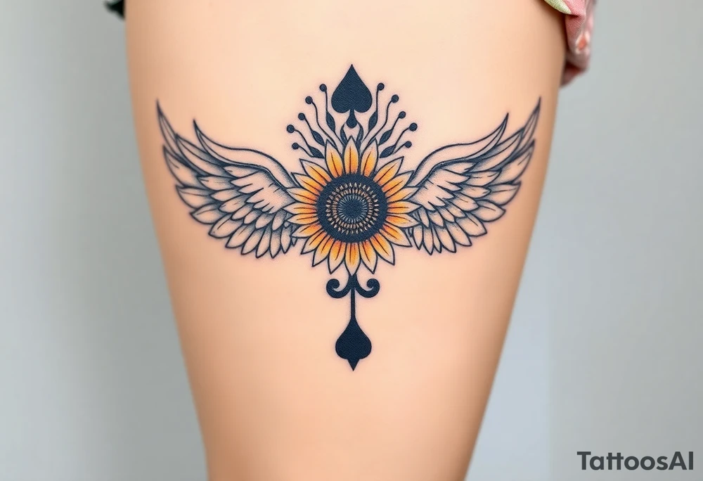 tattoo design incorporating a 2 of clubs, sunflower, wings, or halo tattoo idea