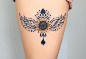 tattoo design incorporating a 2 of clubs, sunflower, wings, or halo tattoo idea