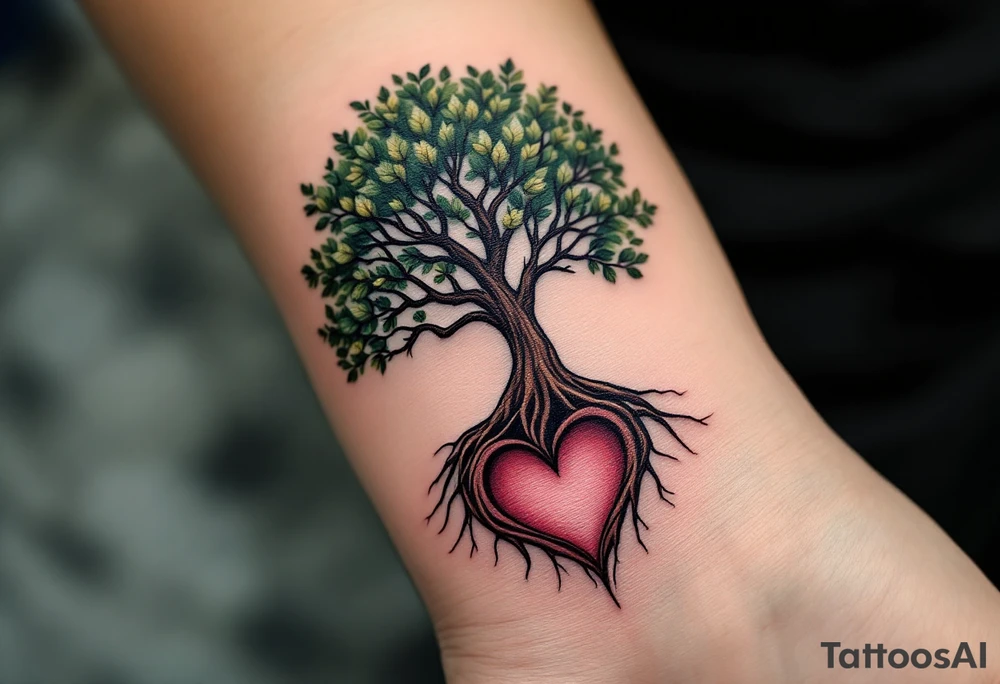A tree with a strong trunk, and the roots forming a heart shape at the base. Small leaves gently flutter around the branches. Earthy browns for the trunk, rich green for the leaves, and soft red and pink tones for the heart-shaped roots. tattoo idea