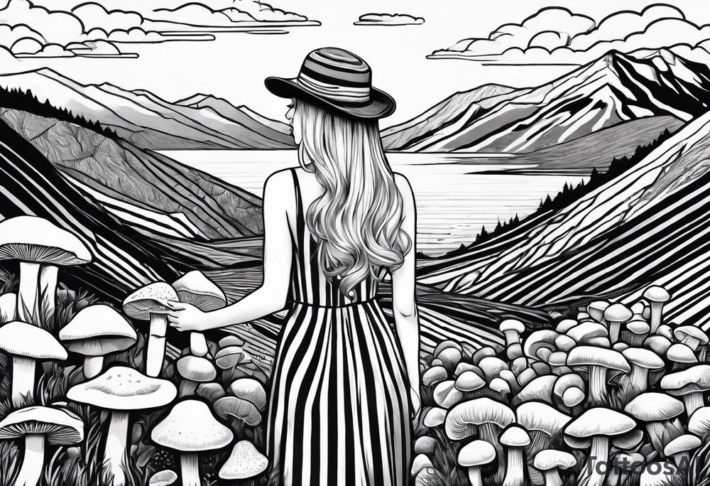 Straight blonde hair girl holding oyster mushrooms in hand facing away toward mountains surrounded by mushrooms black and white striped dress tattoo idea