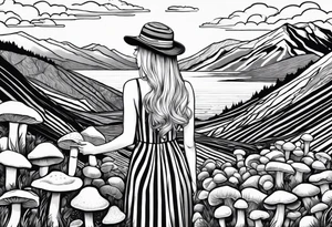 Straight blonde hair girl holding oyster mushrooms in hand facing away toward mountains surrounded by mushrooms black and white striped dress tattoo idea