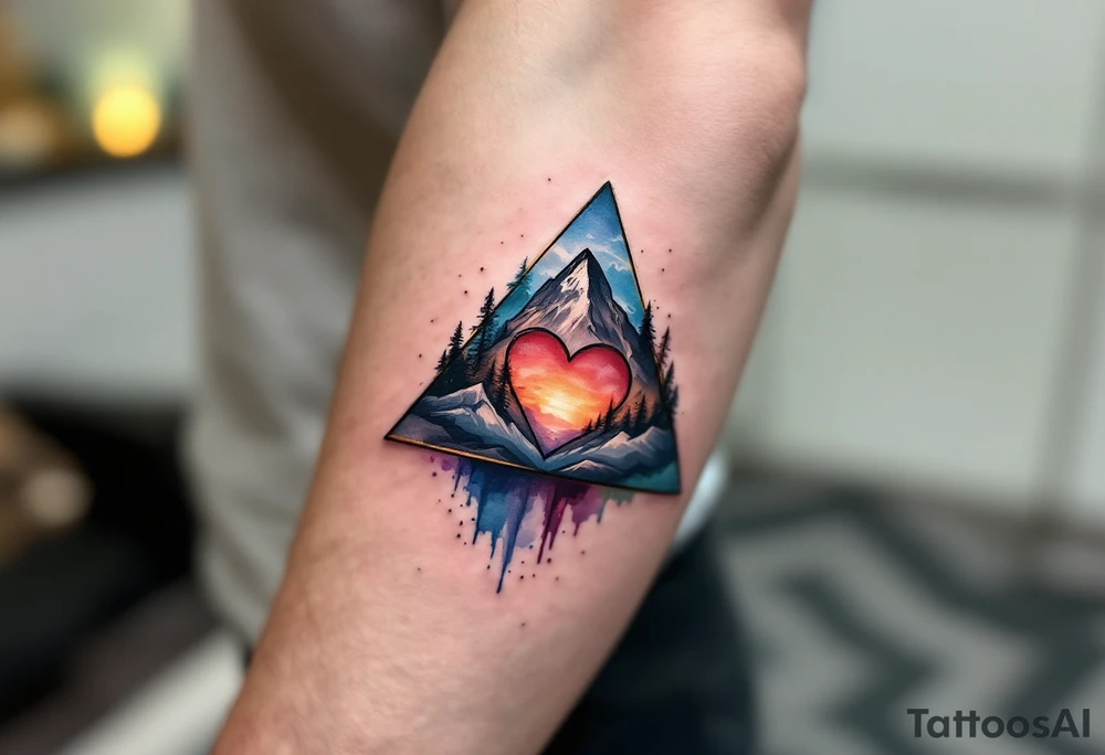 A triangle with a big heart in the cente with a mountain theme tattoo idea