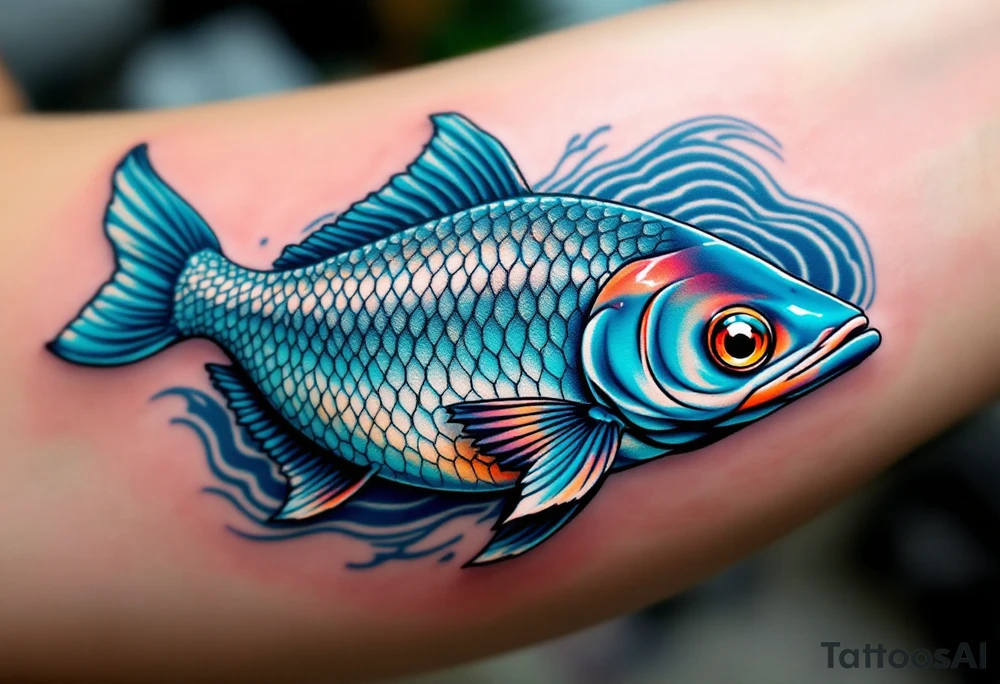 Catfish in Motion – A sleek, dynamic catfish swimming in an S-curve, with silvery-blue scales, accented by soft teal fins and rippled water lines in the background. tattoo idea