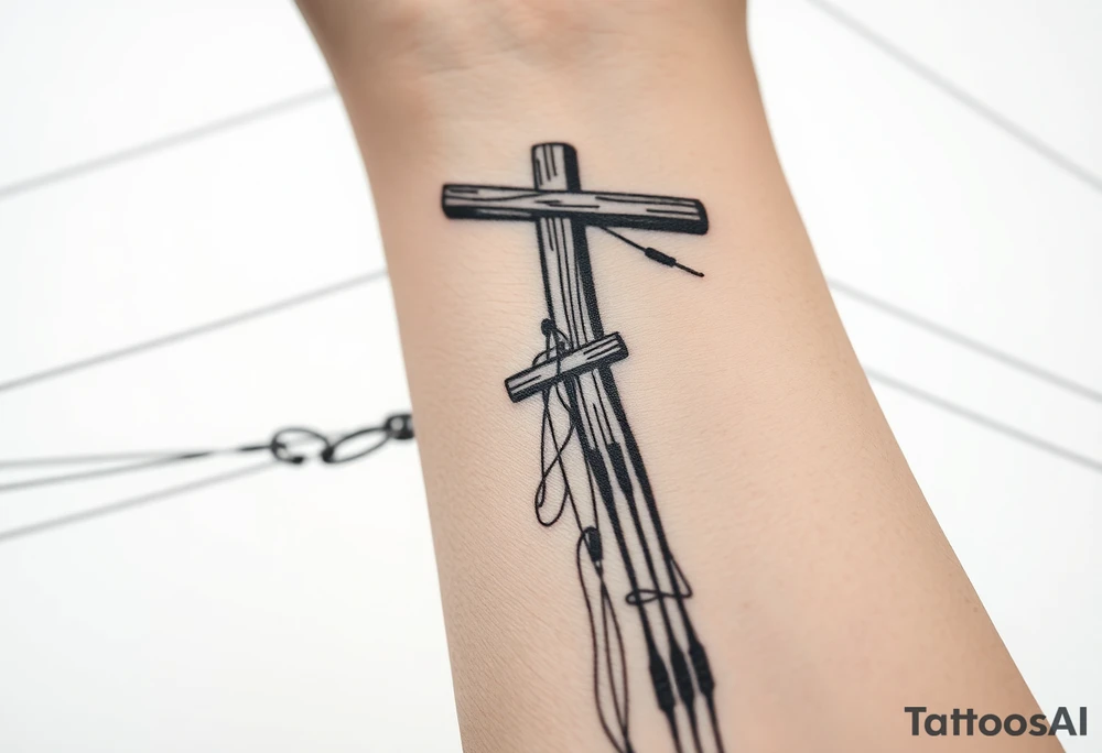 a wooden 12kv distribution pole with electrical lines. Make the pole a cross that has a hidden resemblance to god. tattoo idea