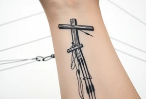 a wooden 12kv distribution pole with electrical lines. Make the pole a cross that has a hidden resemblance to god. tattoo idea