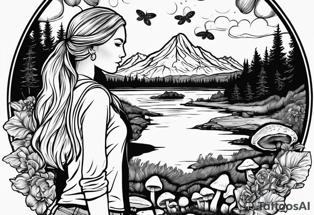 Whole picture encircled fully

Straight long blonde hair hippie girl in distance holding mushrooms in hand facing away toward mountains and creek surrounded by mushrooms long sleeve shirt and hiking pants; whole rendering within a full circle, no cut off circle tattoo idea