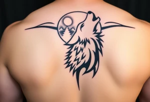 lone wolf howling at full moon with northern lights backdrop tattoo idea