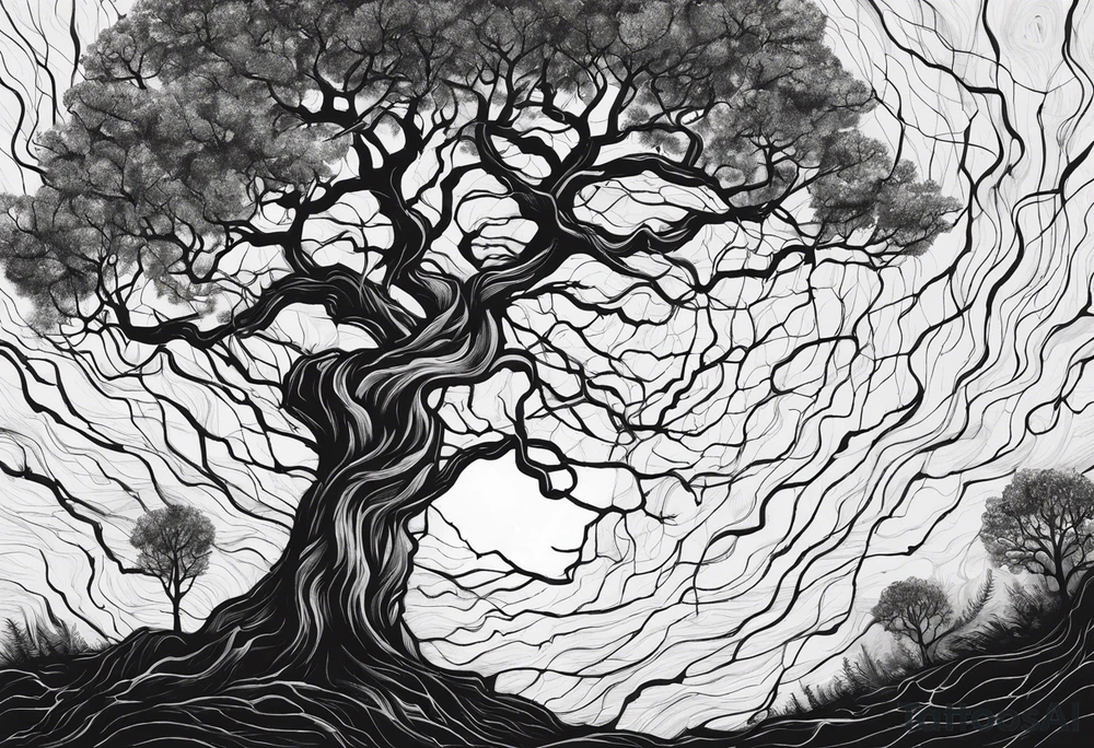 a barron tree struck by lightning, the branches resemble a brain and its spark of life. the ground below the tree is cracked symbolizing the broken connection between creator and creation tattoo idea