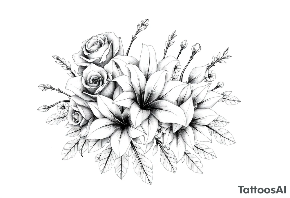 Arm and shoulder tattoo including roses, Lilly’s, and other beautiful flowers tattoo idea