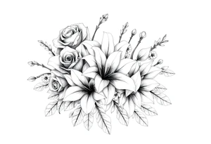 Arm and shoulder tattoo including roses, Lilly’s, and other beautiful flowers tattoo idea