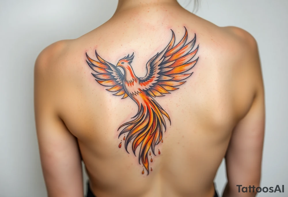 magnificent phoenix rising from golden flames with trailing embers tattoo idea