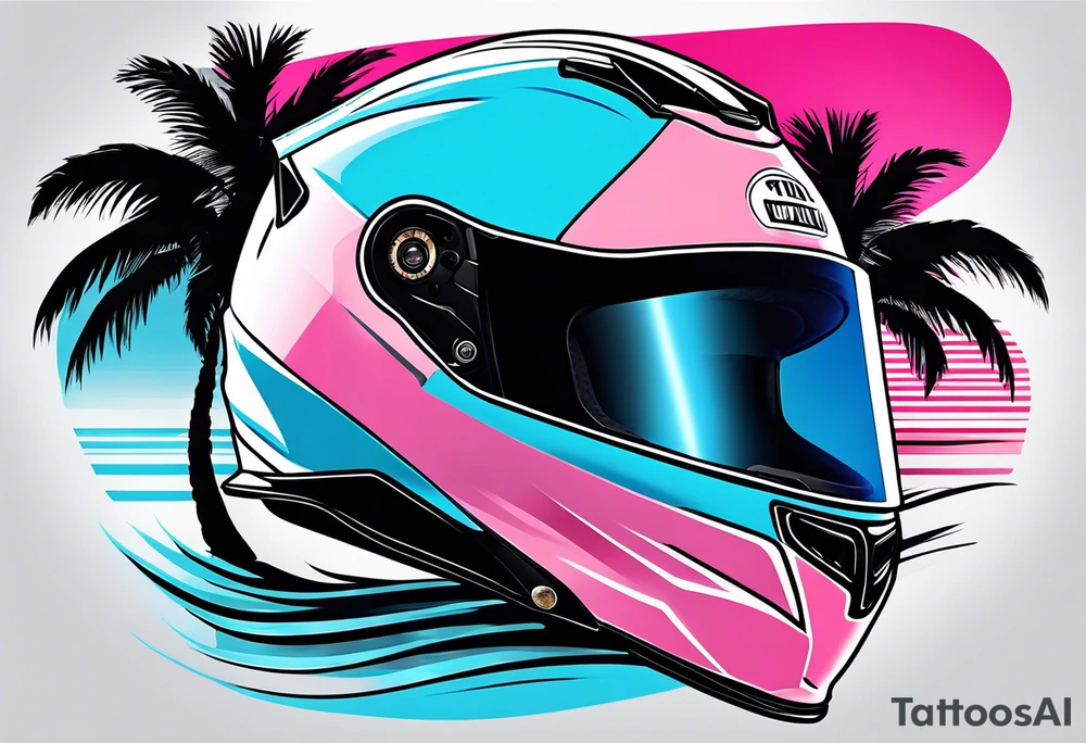formula 1 helment with a palm tree and black light blue and pink colors tattoo idea
