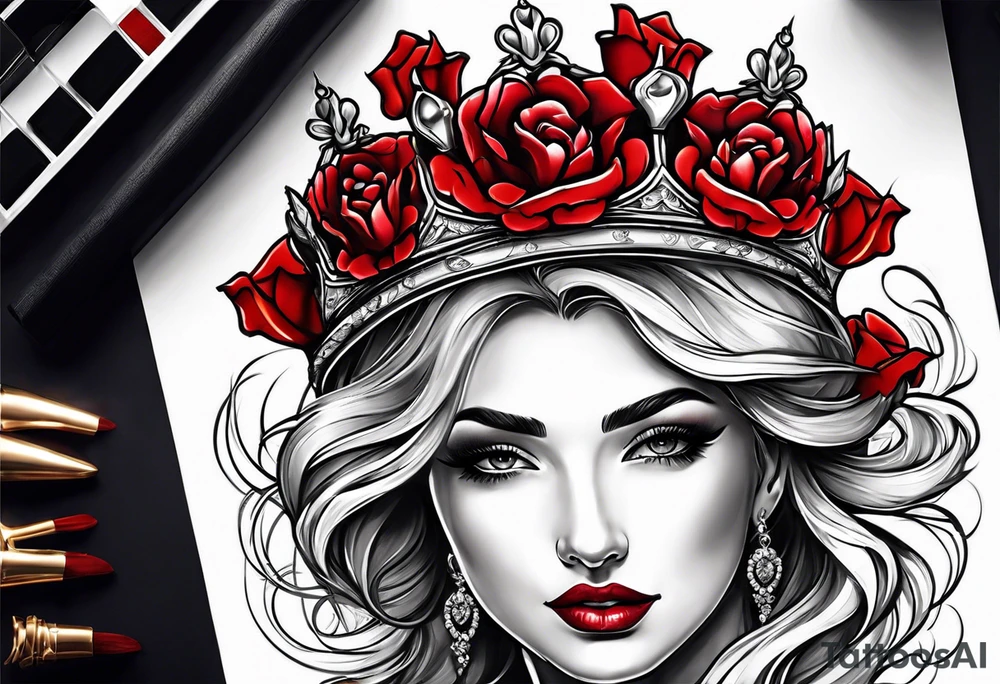 the red rose queen's golden crown with a heart tattoo idea