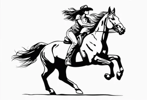 cowgirl with long hair on the back of wild black stallion that is rearing up on hind legs trying to buck her off tattoo idea