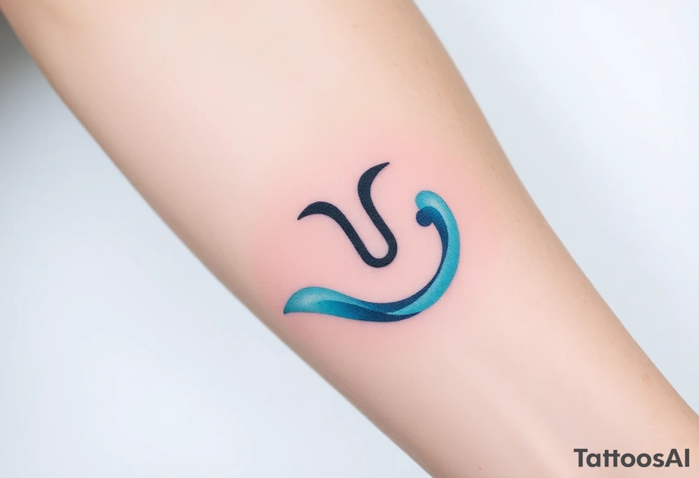 A minimalist Aquarius symbol, surrounded by soft watercolor waves in hues of turquoise, indigo, and silver. tattoo idea