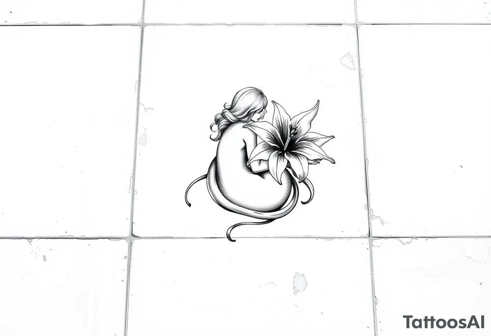 A simple tile floor. On top of the tile A curled figure with a lily next to her tattoo idea