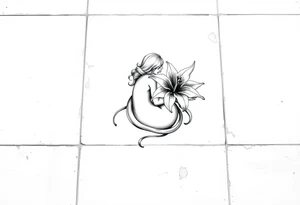 A simple tile floor. On top of the tile A curled figure with a lily next to her tattoo idea