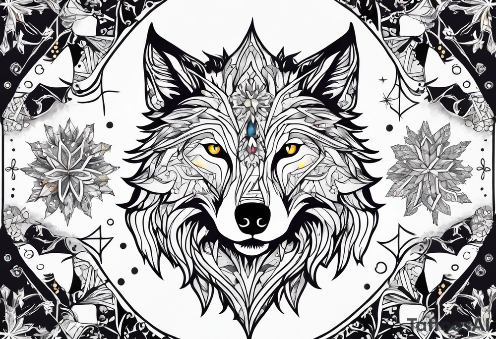 Constellation, animal alien wolf, snowflake tattoo idea