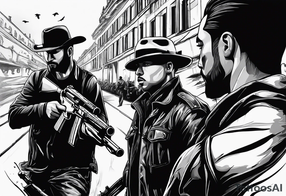 In the reflection of a eye two black siloets of people holding guns one man dead on the ground with a wounded woman standing behind him tattoo idea
