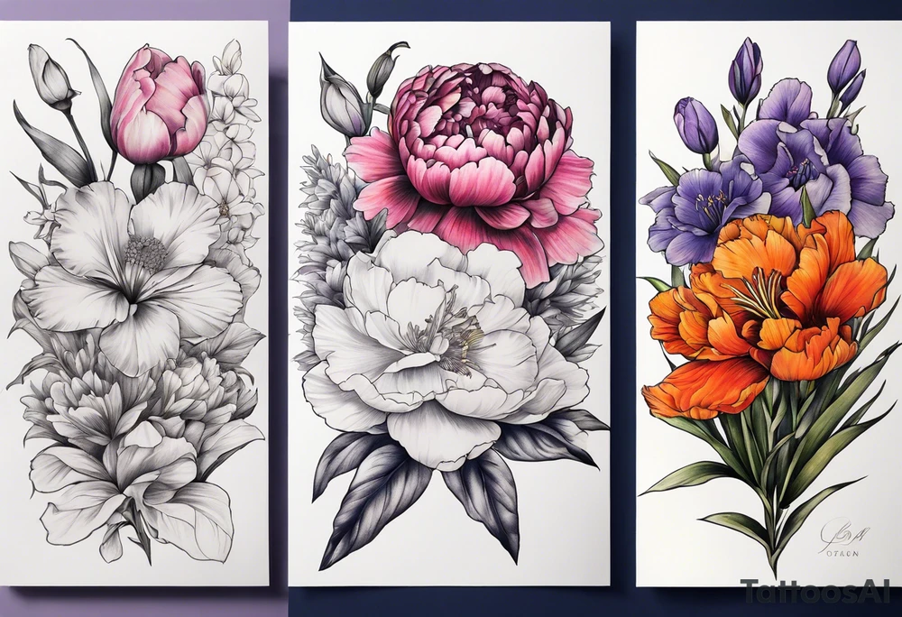 full sleeve of floral tattoos. pink peony in center. purple gladiolus flower, red hawthorn, orange marigold, navy blue sweet pea, and white paper white narcissus tattoo idea