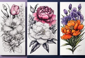 full sleeve of floral tattoos. pink peony in center. purple gladiolus flower, red hawthorn, orange marigold, navy blue sweet pea, and white paper white narcissus tattoo idea