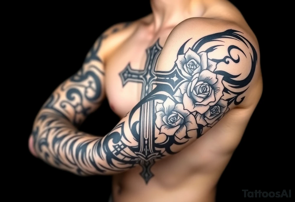 a cross with roses tattoo idea