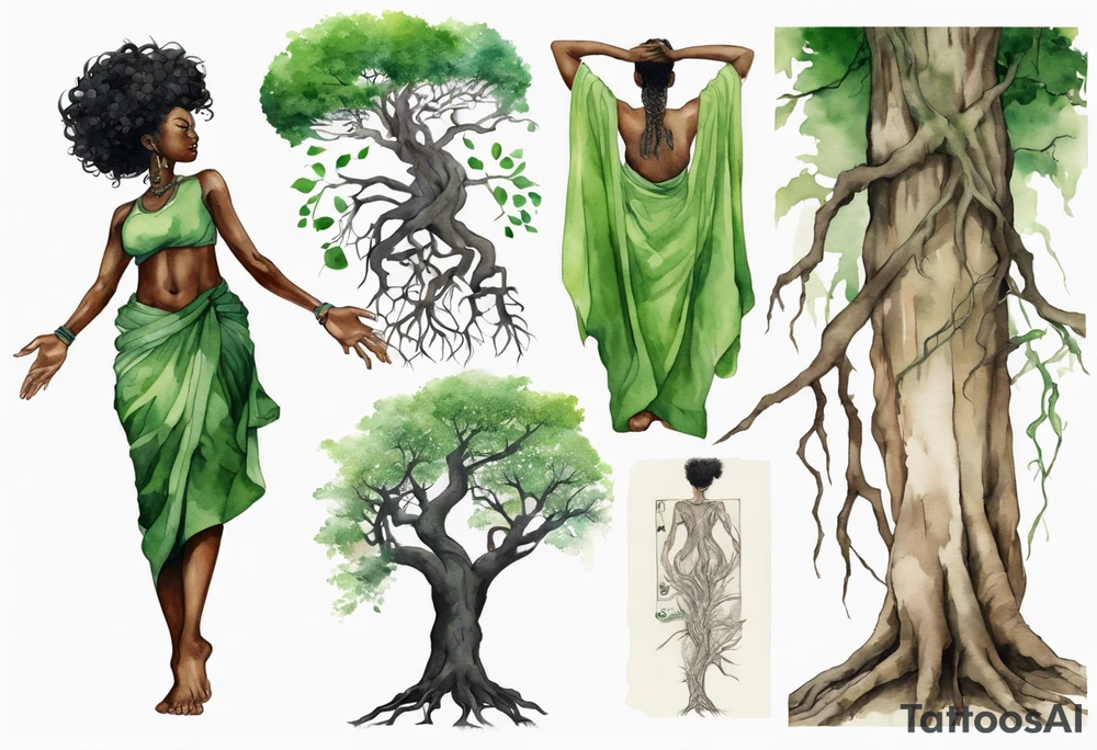 a tree trunk with roots that is a black woman from the waist up, feet made of tree roots, wearing a green tunic, arms reaching upward tattoo idea