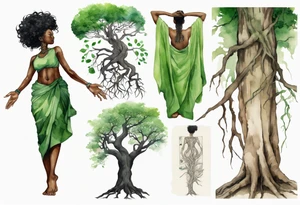 a tree trunk with roots that is a black woman from the waist up, feet made of tree roots, wearing a green tunic, arms reaching upward tattoo idea