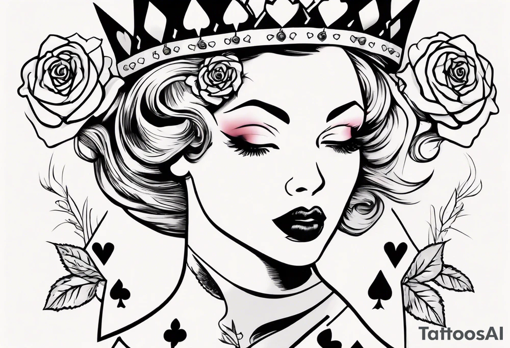 pin-up queen of hearts with a crown and natural lips, immersed in rose flowers tattoo idea