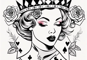 pin-up queen of hearts with a crown and natural lips, immersed in rose flowers tattoo idea