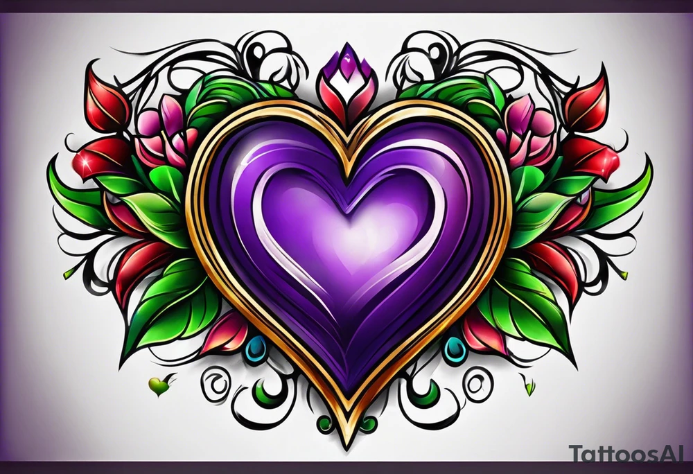 purple green red heart tattoo idea