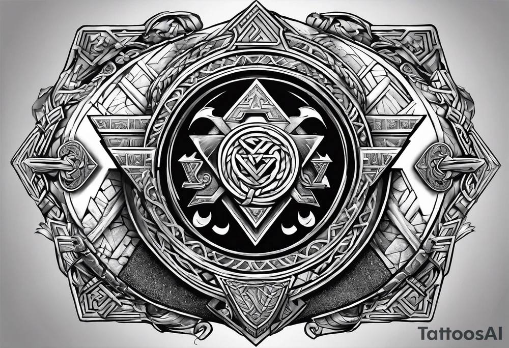 Valhalla stairs sword shield axe Valknut tattoo idea