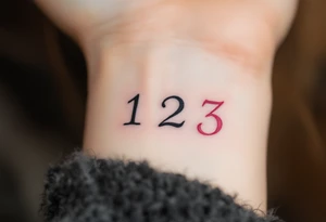 Three delicate Roman numerals "1 2 3" tattooed side by side. Numbers 1 and 2 in black in, number 3 pink ink tattoo idea