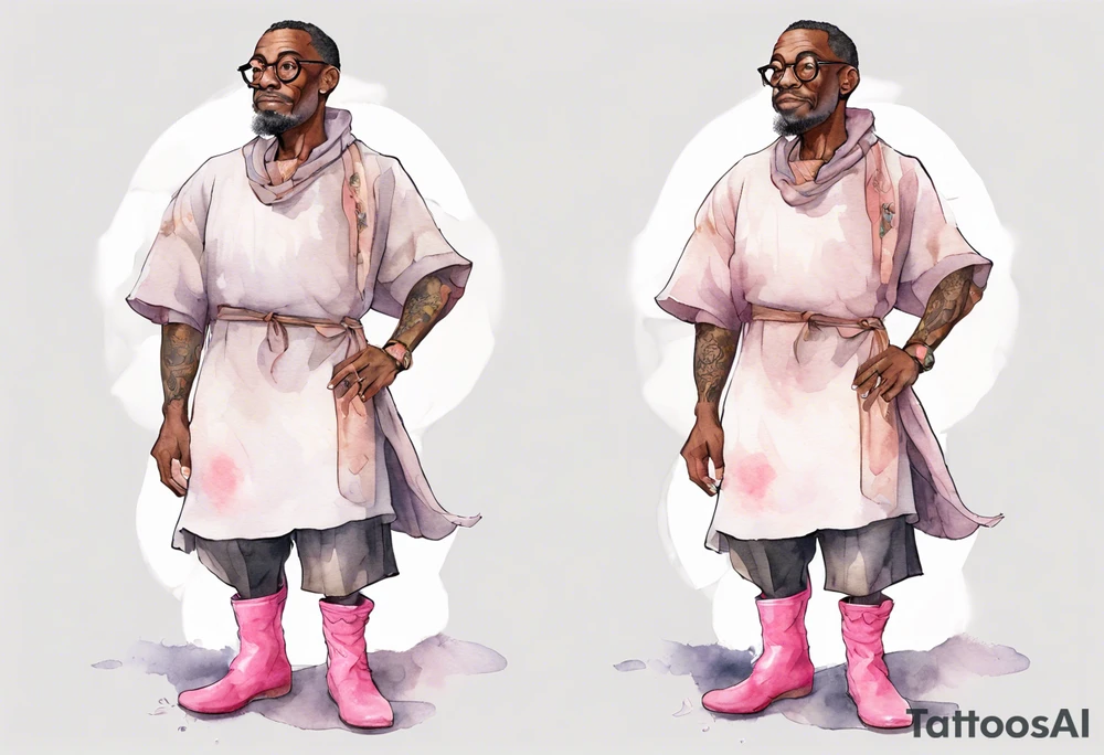 a middle-aged medieval black man wearing round glasses, wearing tunic, wearing pink boots tattoo idea