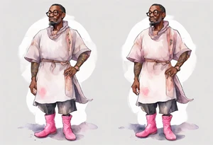 a middle-aged medieval black man wearing round glasses, wearing tunic, wearing pink boots tattoo idea