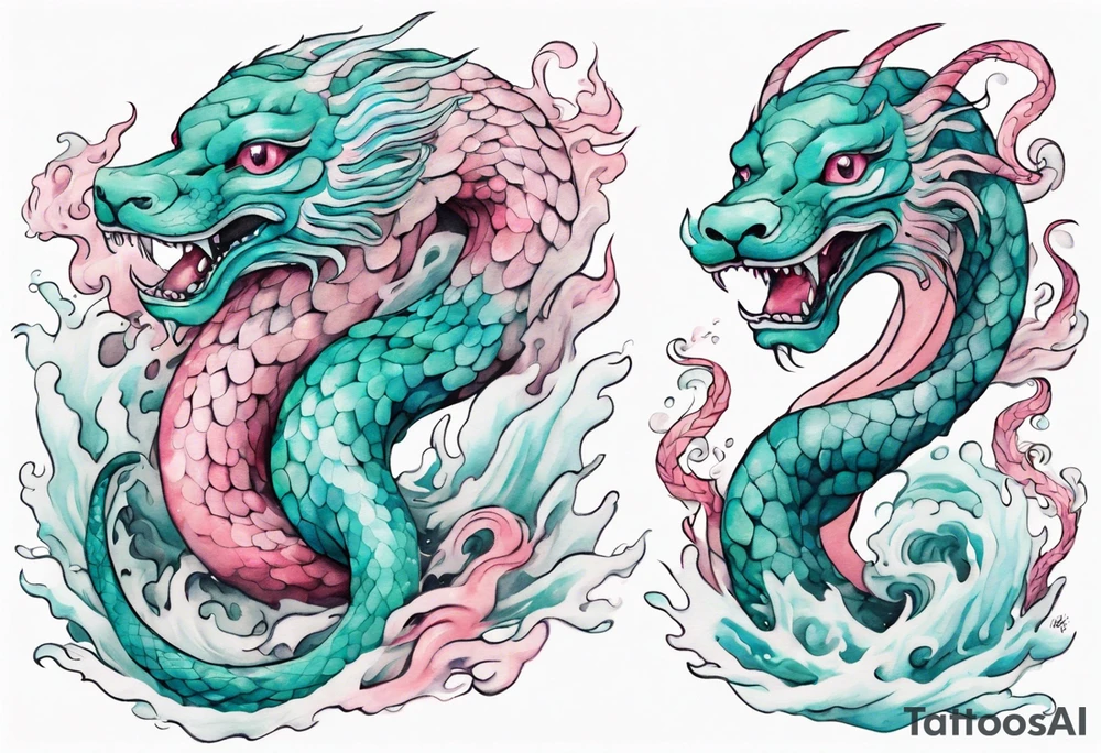 a gentle turquoise and pink Falkor serpent hybrid emerging from the stormy sea tattoo idea