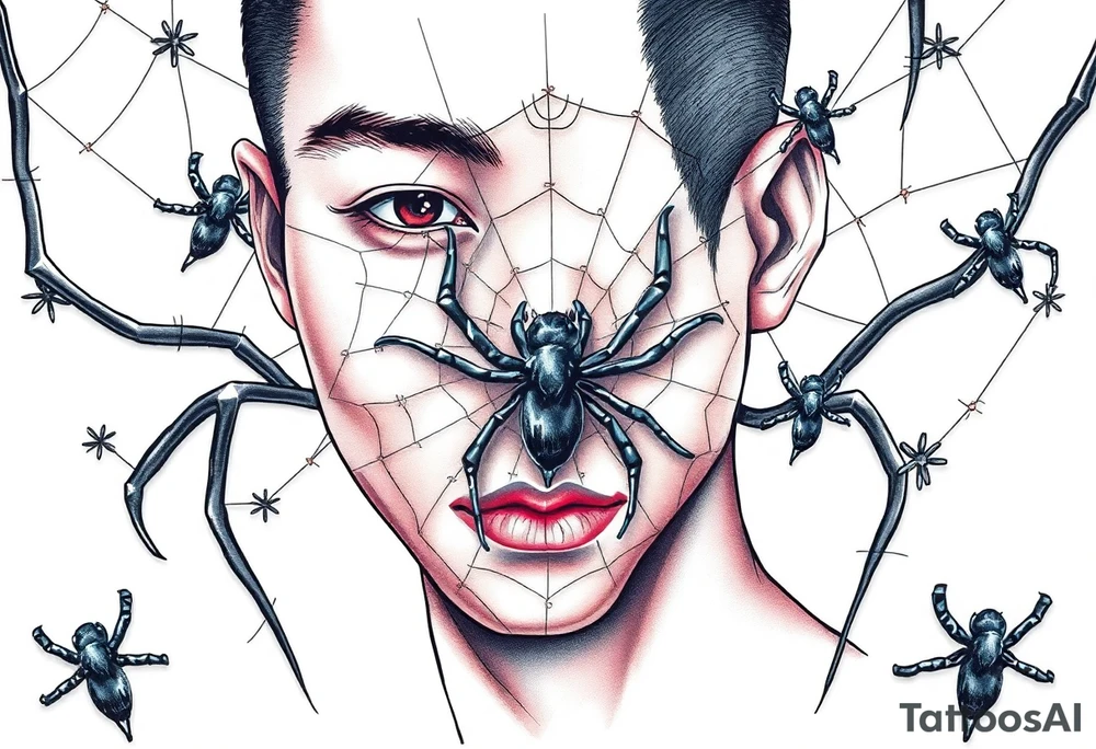 Handsome Asian young guy covered with spiders web tattoo idea