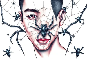 Handsome Asian young guy covered with spiders web tattoo idea