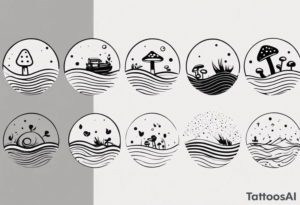a simple line down the back of the arm. each icon is under one inch and separated by small dots: a music note on a staff at the top, a wave of water beneath it, a pocket below that, followed by the mushroom from mario cart. the entire tatto is four inches down the arm and each icon is separated by two small dots. tattoo idea