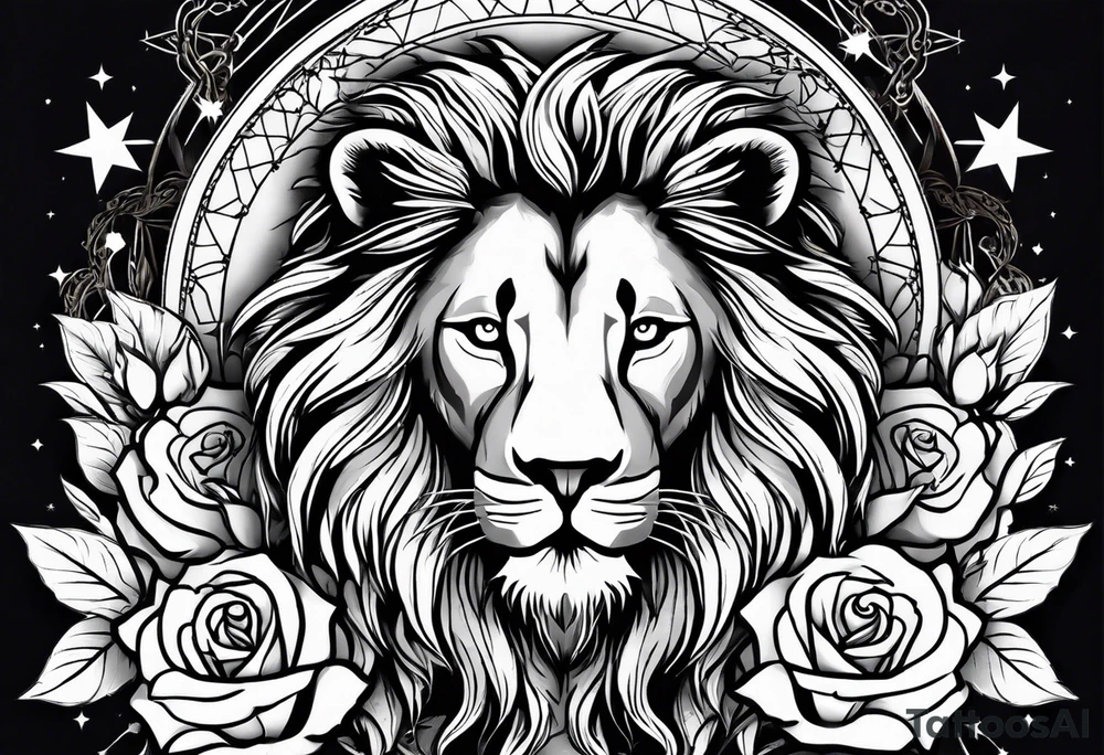 Lion with roses & spiders with stars tattoo idea