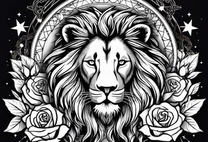 Lion with roses & spiders with stars tattoo idea