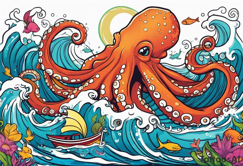 Giant octopus and mermaid frolicking in the sea tattoo idea