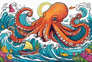 Giant octopus and mermaid frolicking in the sea tattoo idea