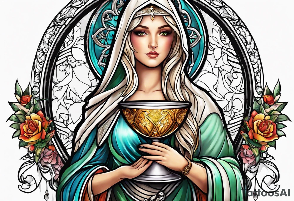 Female saint holding a chalice tattoo idea